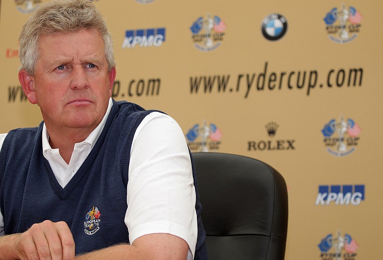 Colin Montgomerie addresses the media during a Ryder Cup press conference at the Celtic Manor Wales Open on June 2.