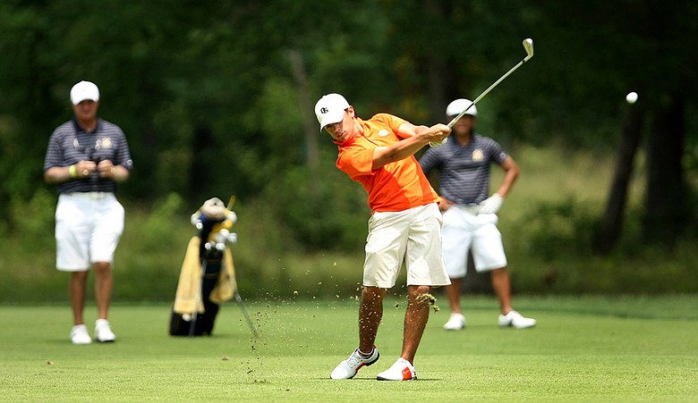 Oregon State's Diego Velasquez plays a shot into the 18th hole June 3 at the NCAA Championship.