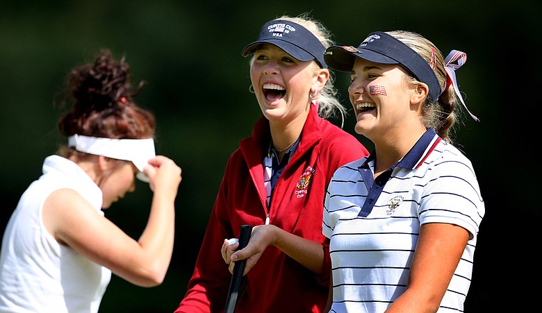 Jessica Korda (left) and Alexis Thompson during the morning foursomes Friday at the Curtis Cup.