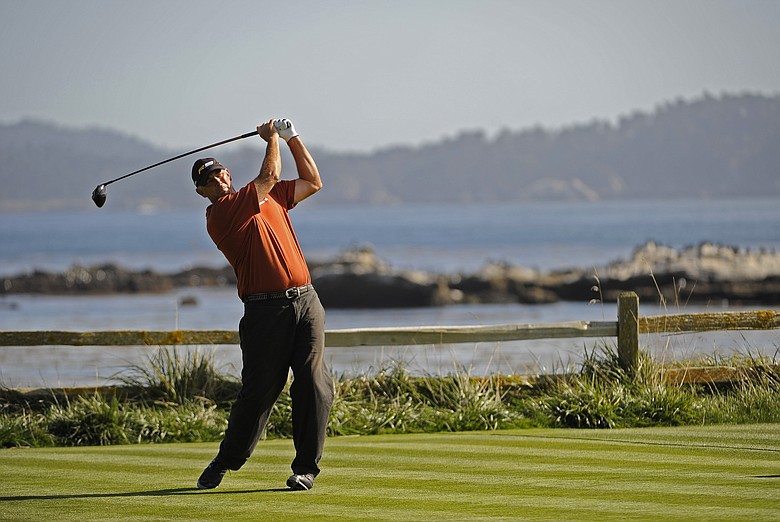 Tom Lehman tees off at the 2009 Walmart First Tee Open at Pebble Beach Golf Links.