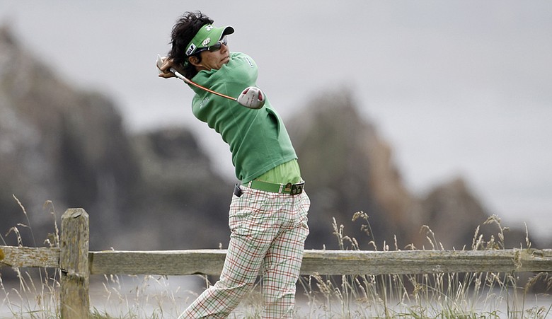 Ryo Ishikawa hits a drive during a practice round at Pebble Beach.