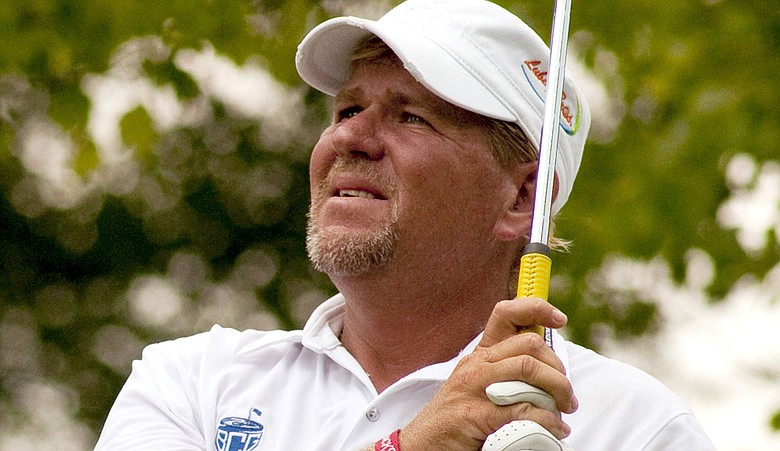 John Daly hits a drive during the pro-am for the Fort Smith Classic.