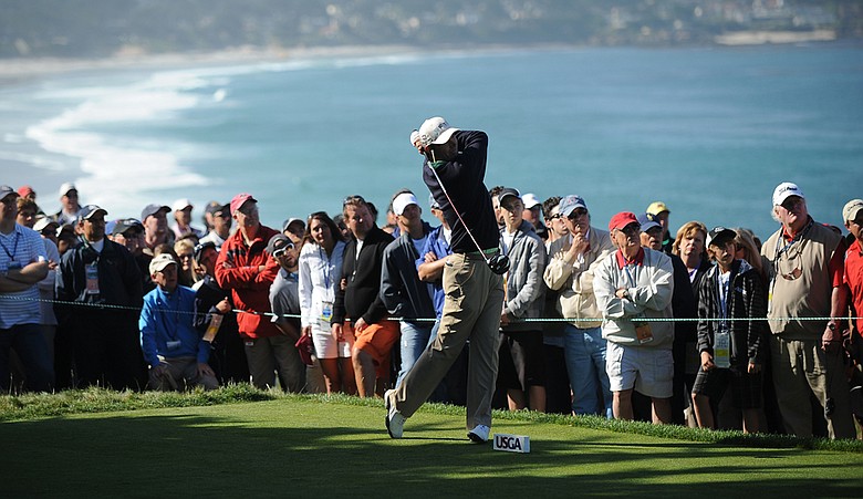 Padraig Harrington hits a tee shot at No. 14 during Round 1. The hole was shortened for Round 2.
