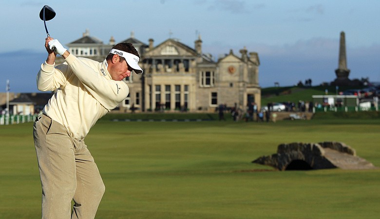 Lee Westwood tees off on the 18th hole at the Old Course during a practice round for The Alfred Dunhill Links Championship in September 2009.
