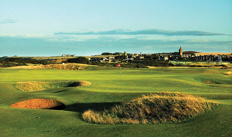 The approach to the green on the par 4, 13th hole ‘Hole O’Cross,’ which shares it’s green with the par 5, 5th hole on the Old Course at St Andrews.