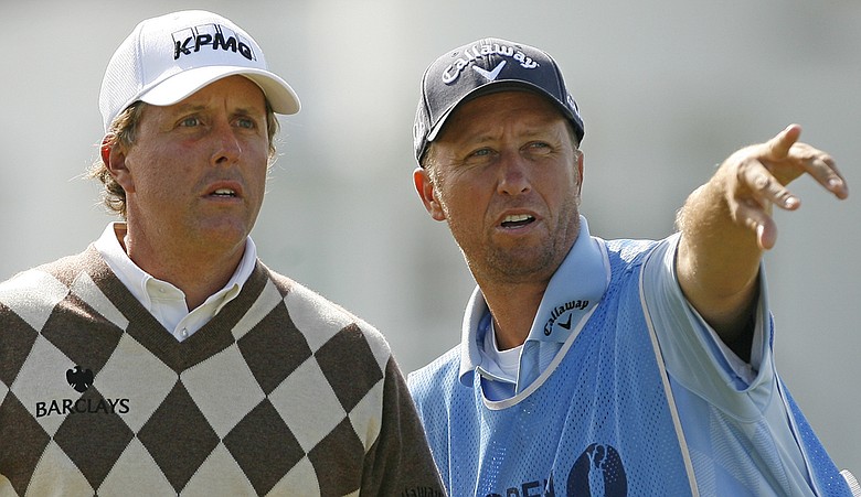 Phil Mickelson and caddie Jim Mackay during a practice round at St. Andrews.