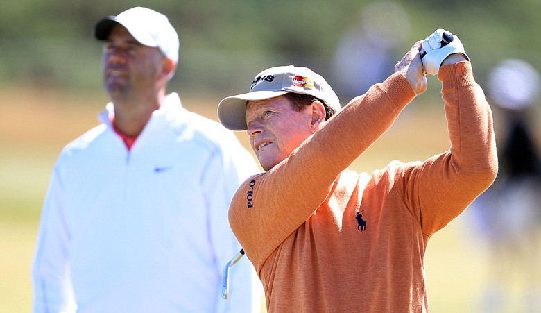 Tom Watson and Stewart Cink played a practice round Tuesday at the British Open.