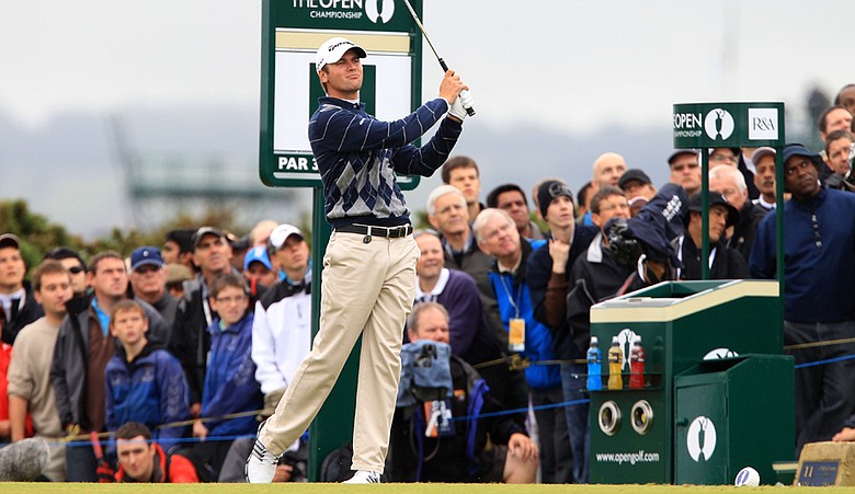 Sean O'Hair tees off on the 11th hole during the opening round of the British Open.