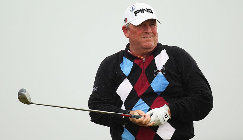Mark Calcavecchia watches his tee shot on the 16th hole during the second round of the British Open.