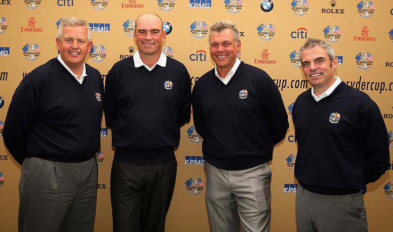 European Ryder Cup Captain Colin Montgomerie poses with Thomas Bjorn, Darren Clarke and Paul McGinley, his newly-appointed vice captains.