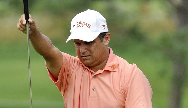 Omar Uresti reads a putt during the Turning Stone Resort Championship.