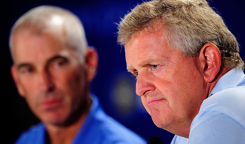 Ryder Cup captains Corey Pavin (left) and Colin Montgomerie address the media at the PGA Championship.