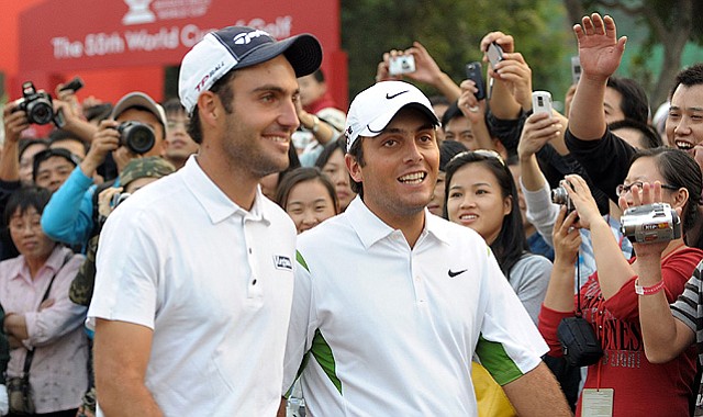 Italian brothers Edoardo Molinari (left) Francesco Molinari celebrate after winning the World Cup of Golf at the Mission Hills Golf Club in Shenzhen, China on Nov. 29, 2009.