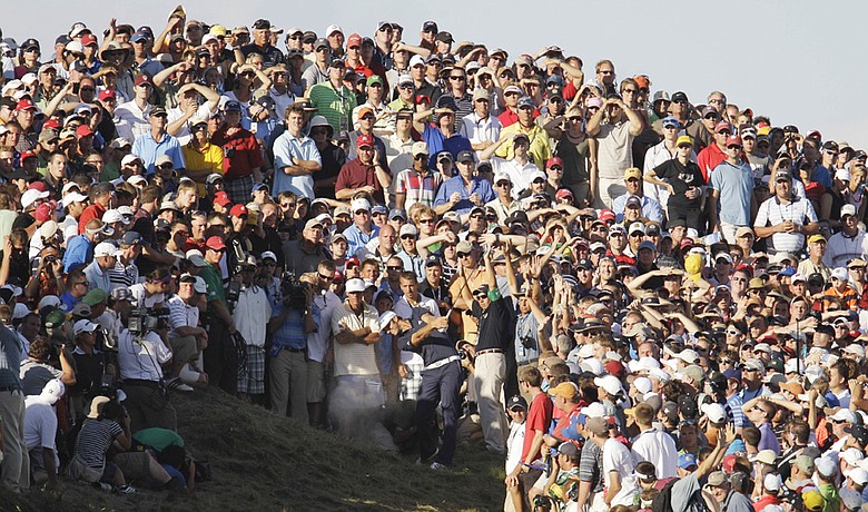 Dustin Johnson hits out of a bunker on the 18th hole during the final round of the PGA Championship.