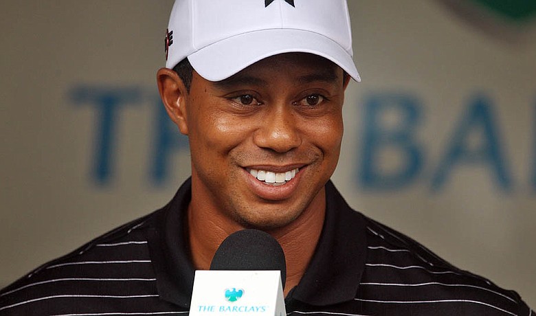 Tiger Woods speaks with the media after The Barclays pro-am on Aug. 25.