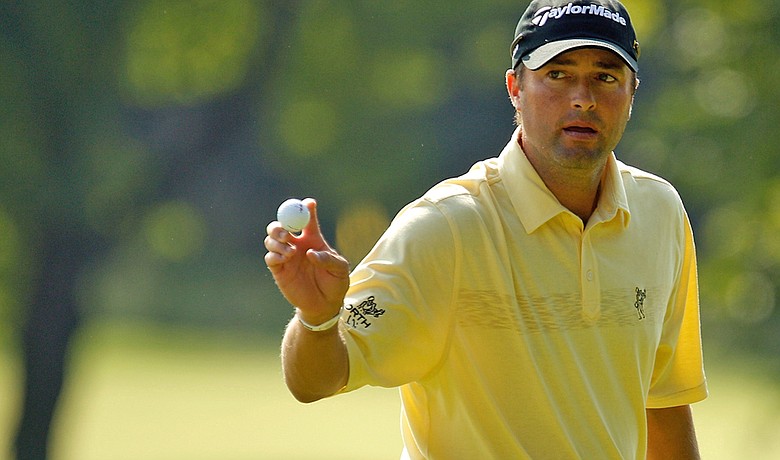 Ryan Palmer reacts after a birdie on the fifth hole during the first round of The Barclays.