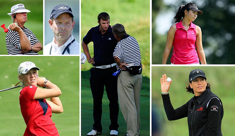 Dustin Johnson (center), Sarah Brown (lower left), Erynne Lee (upper right) and Juli Inkster (lower right) have all been at the center of rules discussions this year.