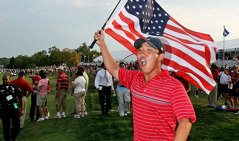 Anthony Kim celebrates after Team USA's victory at the 2008 Ryder Cup.
