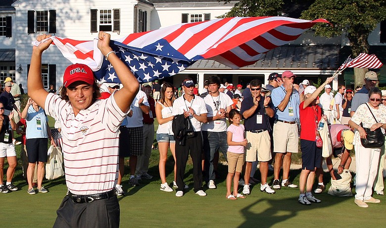 Rickie Fowler celebrates after Team USA's victory at the 2009 Walker Cup.