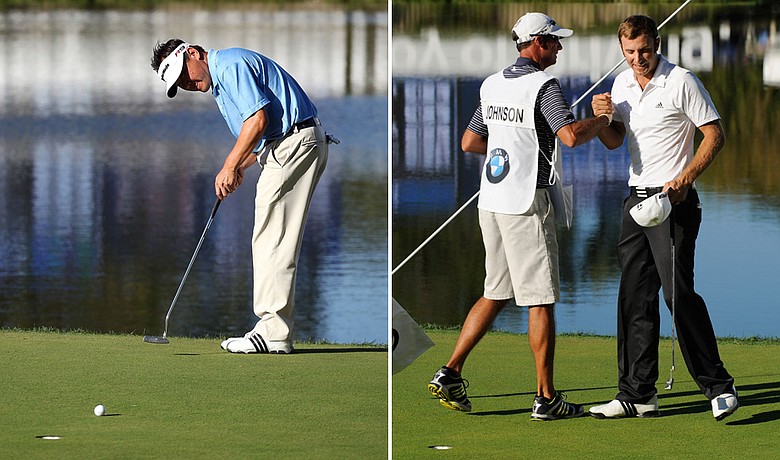 Charlie Wi misses a par putt on No. 18 during the final round of the BMW Championship. Moments later, Dustin Johnson celebrates his victory.