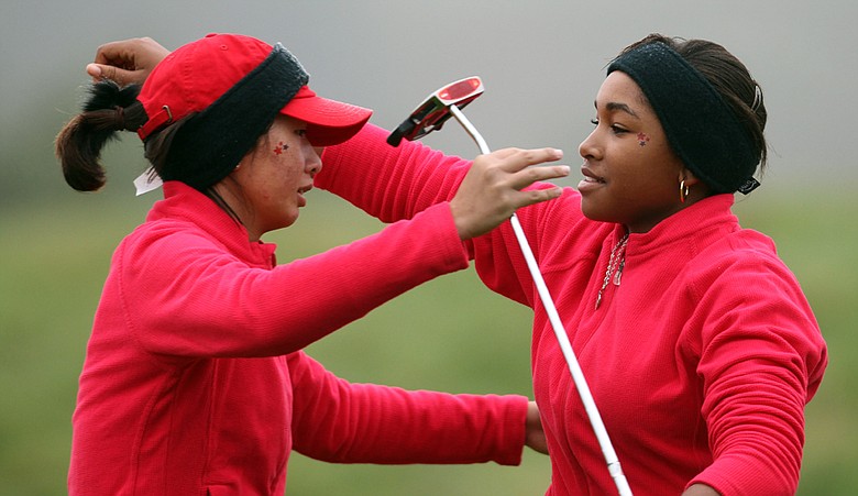 Doris Chen and Ginger Howard following their opening-round match at the Junior Ryder Cup.