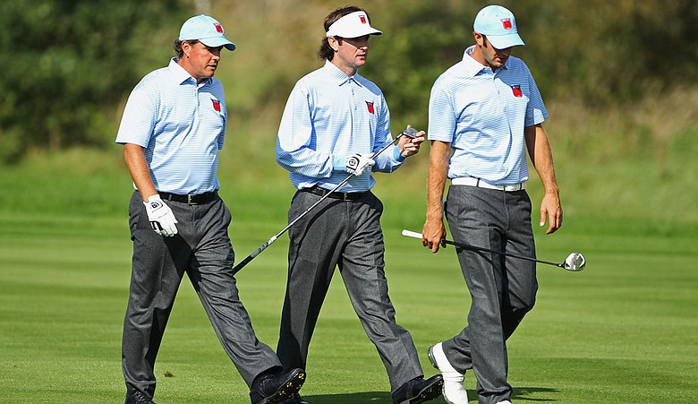 Phil Mickelson, Bubba Watson and Dustin Johnson during a Tuesday practice round at the Ryder Cup.