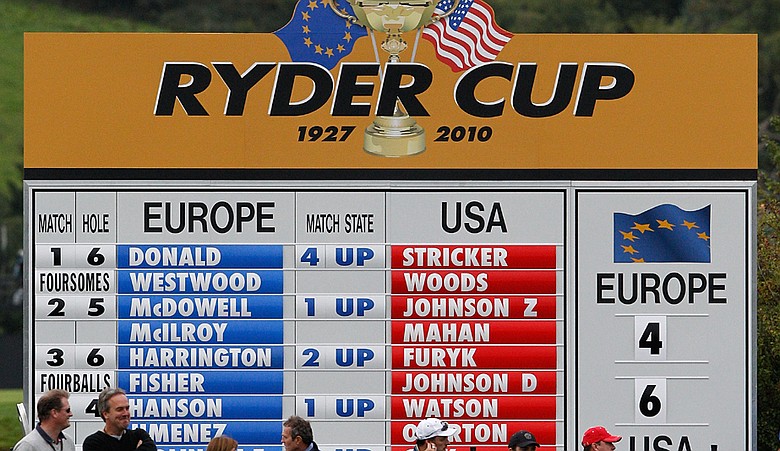 A leaderboard is seen during the fourball and foursome matches during the 2010 Ryder Cup.