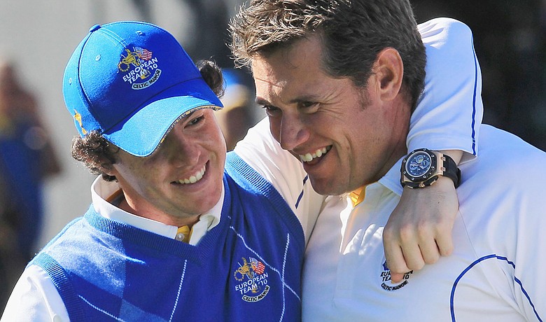 Rory McIlroy and Lee Westwood during Monday singles at the Ryder Cup.
