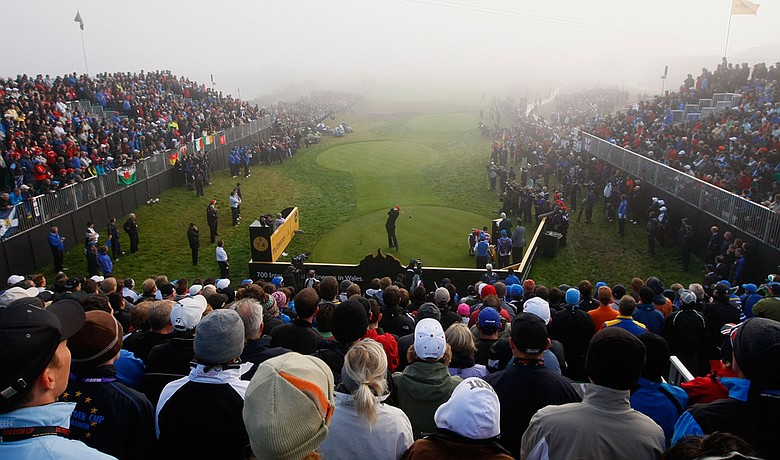 Stewart Cink watches his tee shot on the first hole in the singles matches at the Ryder Cup.