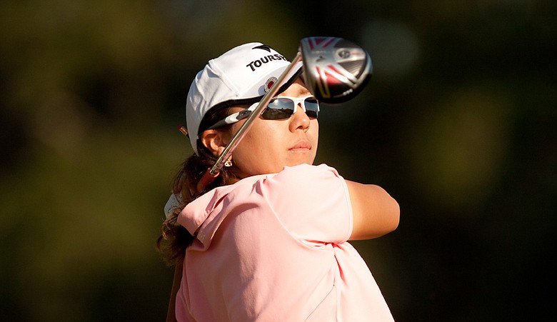 Mika Miyazato follows through on a tee shot during the second round of the Navistar LPGA Classic.