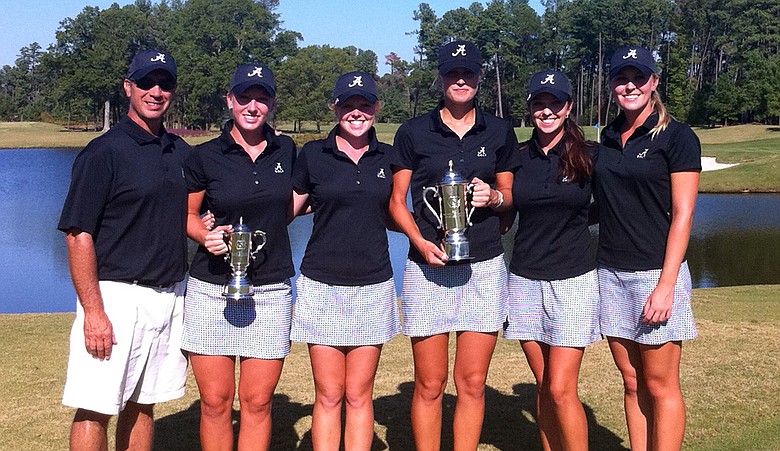 Alabama after winning the team title at the Tar Heel Invitational. From left, head coach Mic Potter, Brooke Pancake, Stephanie Meadow, Camilla Lennarth, Courtney Harter and Jennifer Kirby.