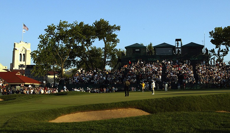A general view of the 18th green during the 2003 U.S. Open on the North Course at Olympia Fields Country Club.