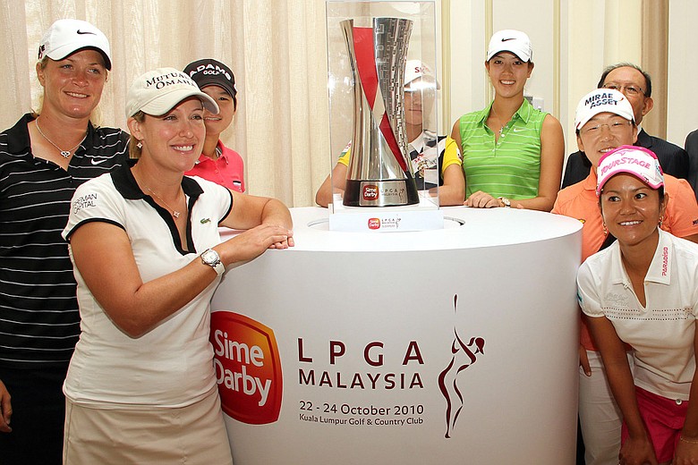 From left: Suzann Pettersen, Cristie Kerr, Yani Tseng, Na Yeon Cho, Michelle Wie, Jiyai Shin and Ai Miyazato during a press conference before the Sime Darby LPGA event in Kuala Lumpur, Malaysia.