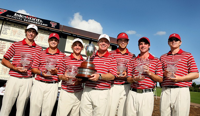 Alabama after winning the Isleworth Collegiate. From left: Scott Strohmeyer, Bobby Wyatt, Bud Cauley, head coach Jay Seawell, Cory Whitsett, Hunter Hamrick and assistant coach Scott Limbaugh.