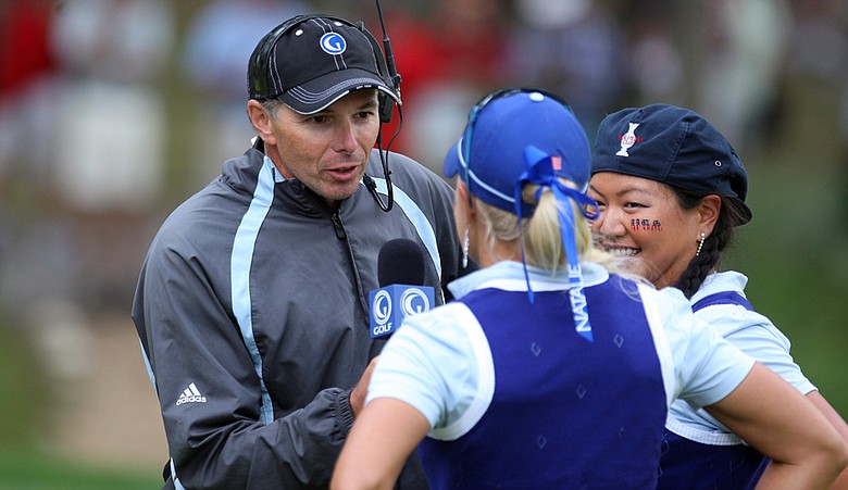 Golf Channel's Philip Parkin interviews Natalie Gulbis and Christina Kim during the 2009 Solheim Cup.