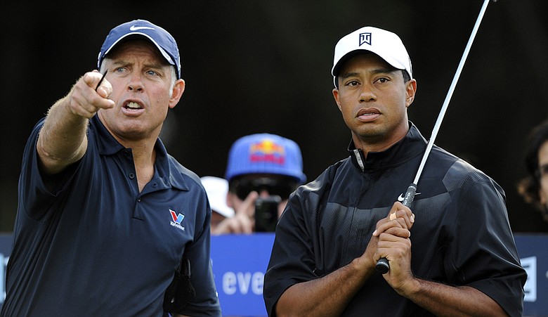 Caddie Steve Williams and Tiger Woods during the pro-am for the Australian Masters.