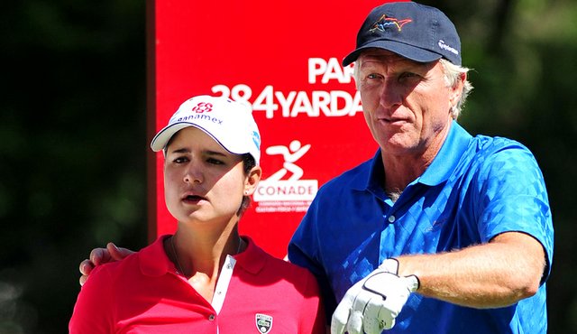 Lorena Ochoa and Greg Norman during the pro-am at the Lorena Ochoa Invitational.