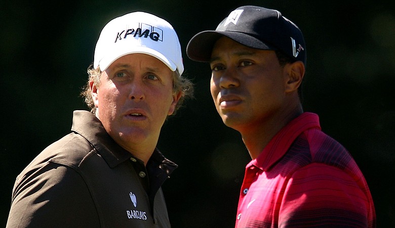 Phil Mickelson and Tiger Woods during the BMW Championship.