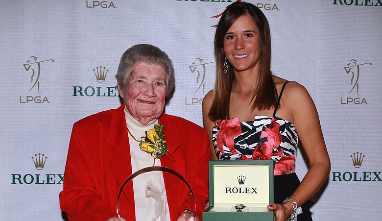 Louise Suggs and Rolex Rookie of the Year Azahara Munoz during the Rolex awards reception.