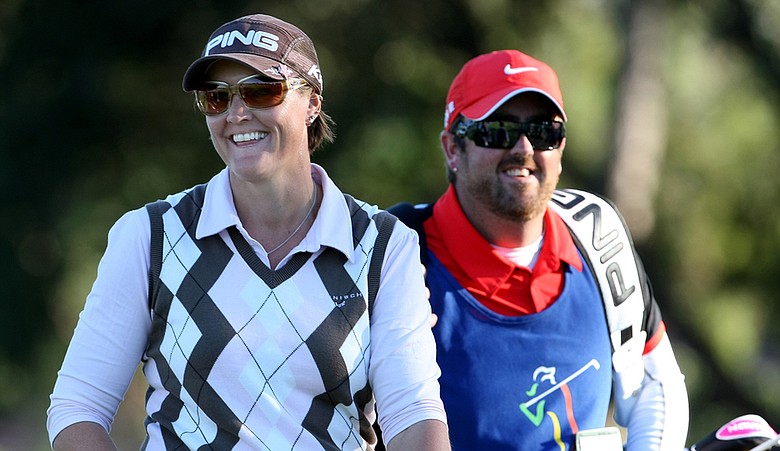 Maria Hjorth with caddie Mark Britton on the final hole of the LPGA Tour Championship.