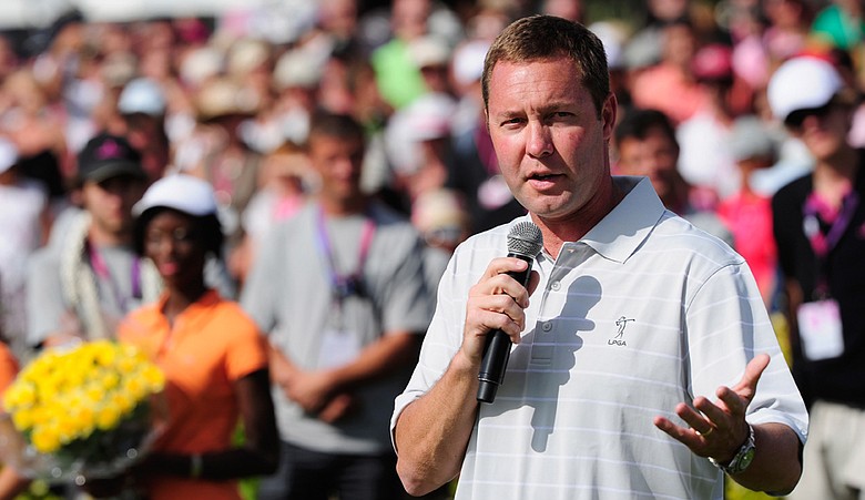 LPGA commissioner Mike Whan gives a speech after the final round of the 2010 Evian Masters on July 25, 2010, in Evian, France.
