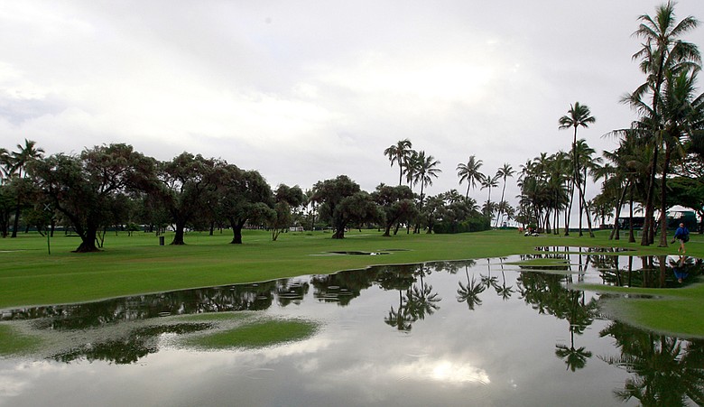 A general view of the 18th hole after heavy rains forced the cancellation of the first round of the Sony Open at Waialae Country Club.