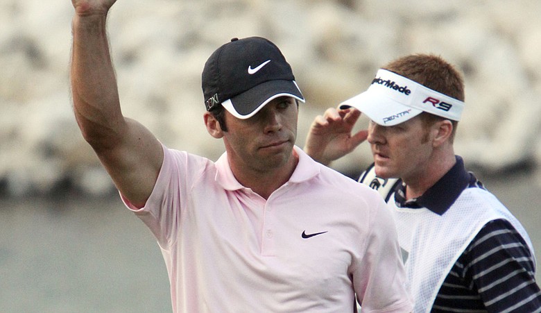 Paul Casey pumps a fist at the Volvo Champions.