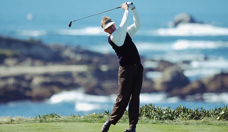 Brad Faxon hits off the fourth tee during the third round of the AT&T Pebble Beach National Pro-Am on February 8, 2003 at Spyglass Golf Course in Pebble Beach, California.