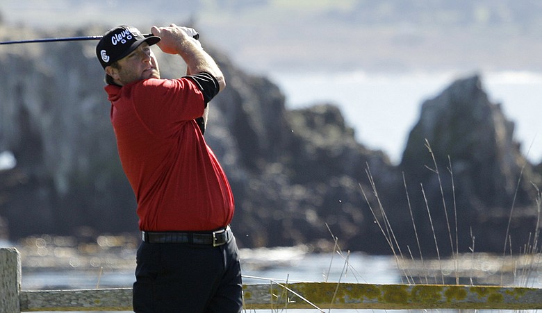 Steve Marino follows his drive from the 18th tee of the Pebble Beach Golf Links during the second round of the AT&T Pebble Beach National Pro-Am.