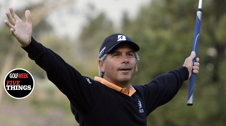Fred Couples celebrates his nearly 100-foot eagle putt on the first green in the second round of the Northern Trust Open PGA golf tournament in the Pacific Palisades area of Los Angeles Friday, Feb. 18, 2011.