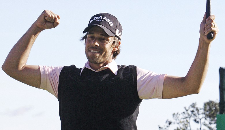 Aaron Baddeley reacts after winning the 2011 Northern Trust Open at Riviera.