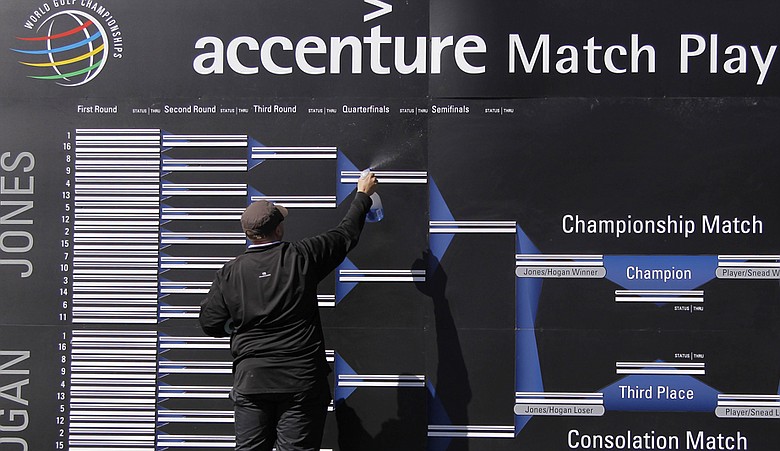A worker cleans the leaderboard at the WGC-Accenture Match Play Championship.