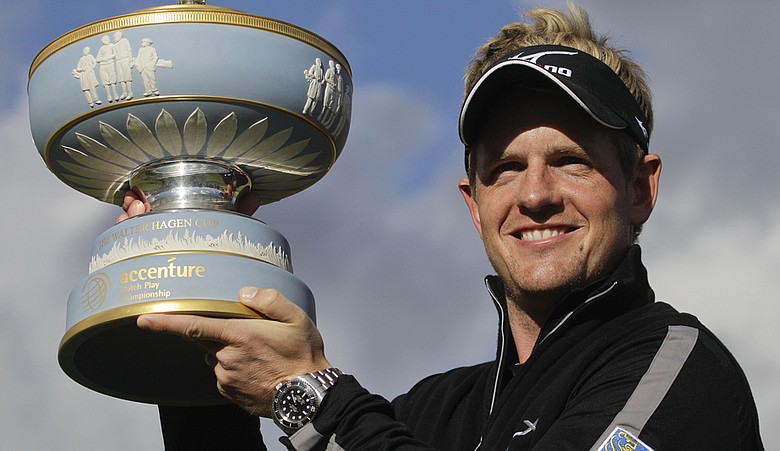 Luke Donald holds the trophy after winning the WGC-Accenture Match Play Championship.