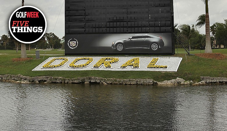 A view of the leaderboard during a practice round at the World Golf Championships Cadillac Championship at Doral Country Club.